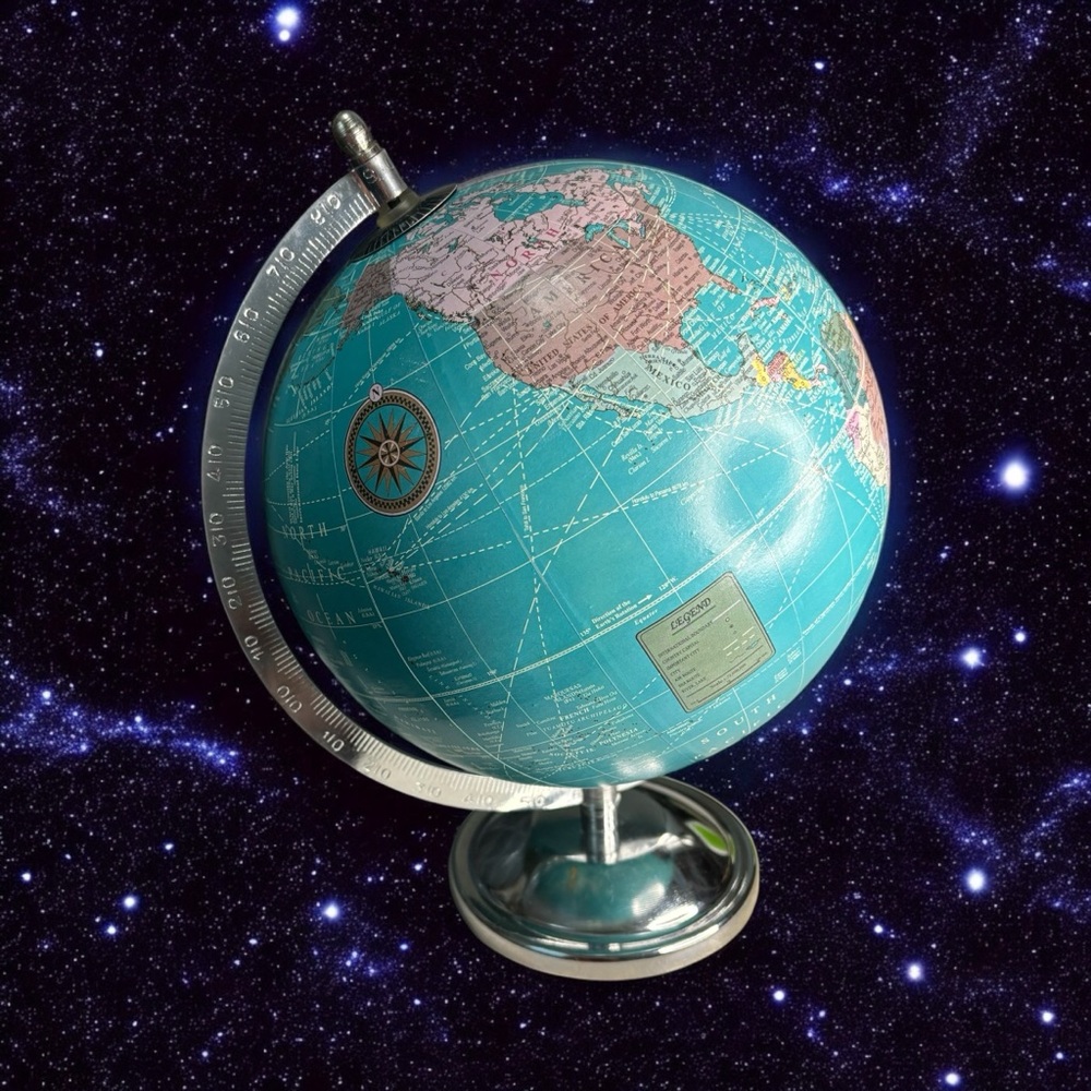 Legend World Atlas Globe- Chrome Stand- Rotates- Turq Water Globe Is 7.5” Across